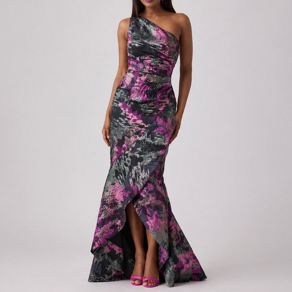 Teri Jon Rickie Freeman Asymmetric Metallic Jacquard Gown Ruffle Hem 8 Formal